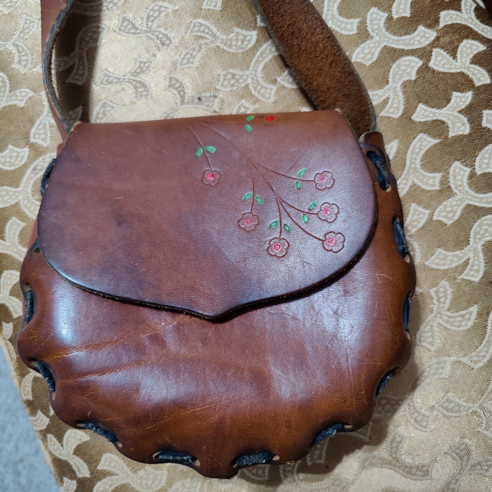 70s hand tooled Small Western Boho shoulder Bag  Floral braid strap whip stitch